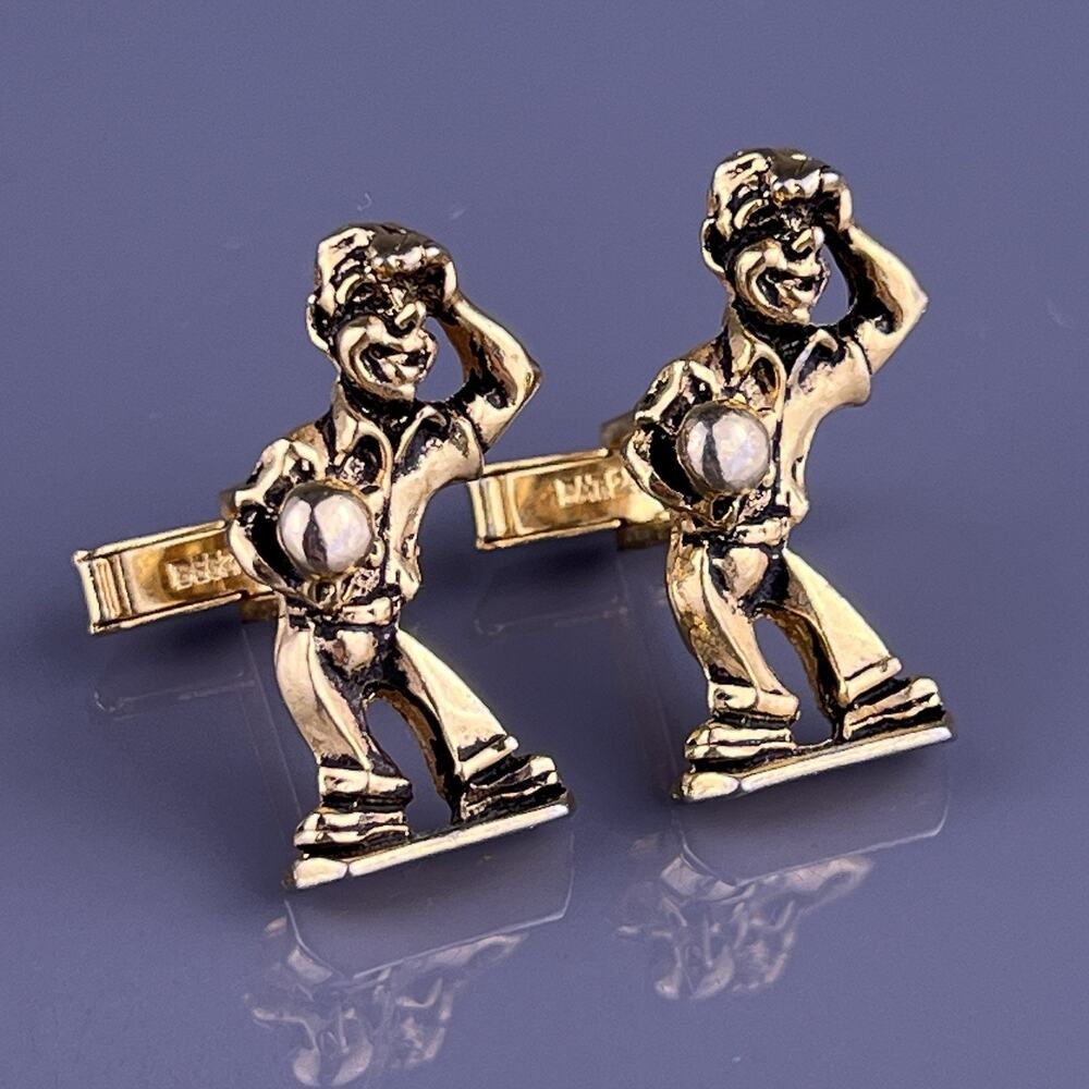 Bowling Bowler Cufflinks Gold Plated Figural Competition League Vintage